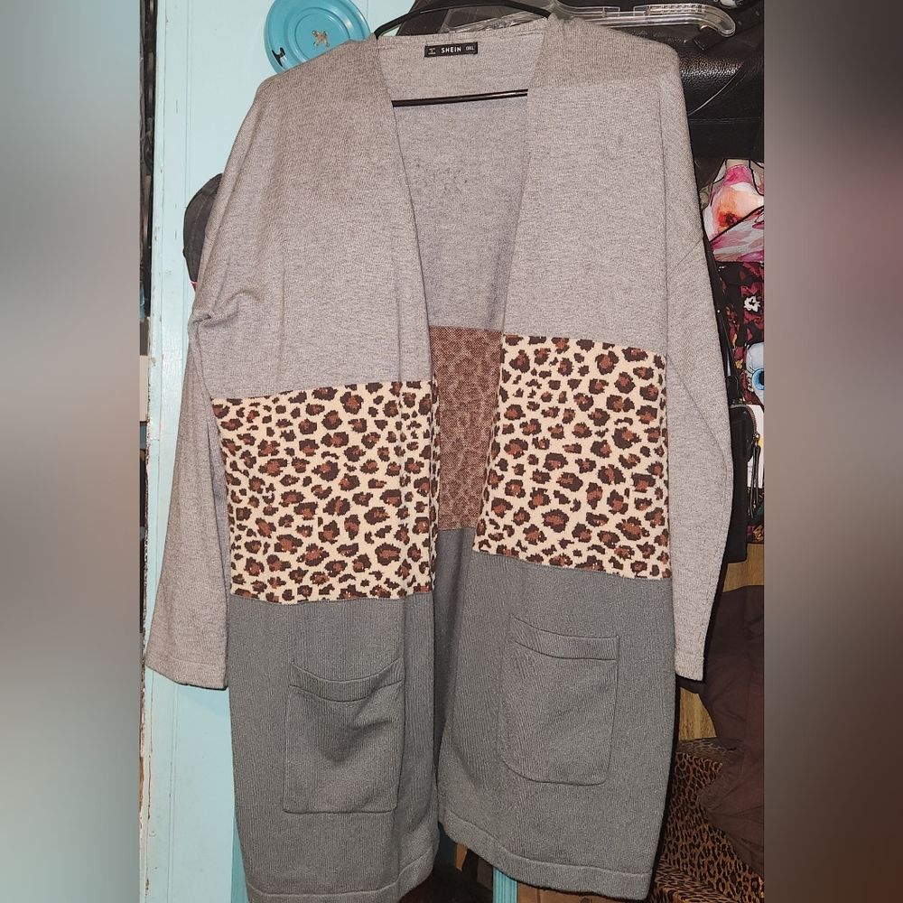 Shein Gray/green/Leopard Print Women's Cardigan size 0XL
